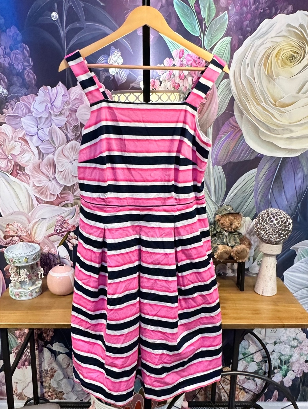 Talbots 8 Sleeveless Stretch Striped Fit & Flare Dress Pink Navy White Cotton